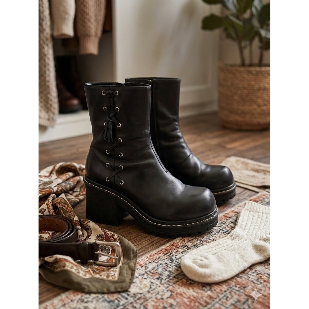 Xhilaration Black Chunky Platform Lug Sole Lace Up Boots Womens Mid Calf Size  9